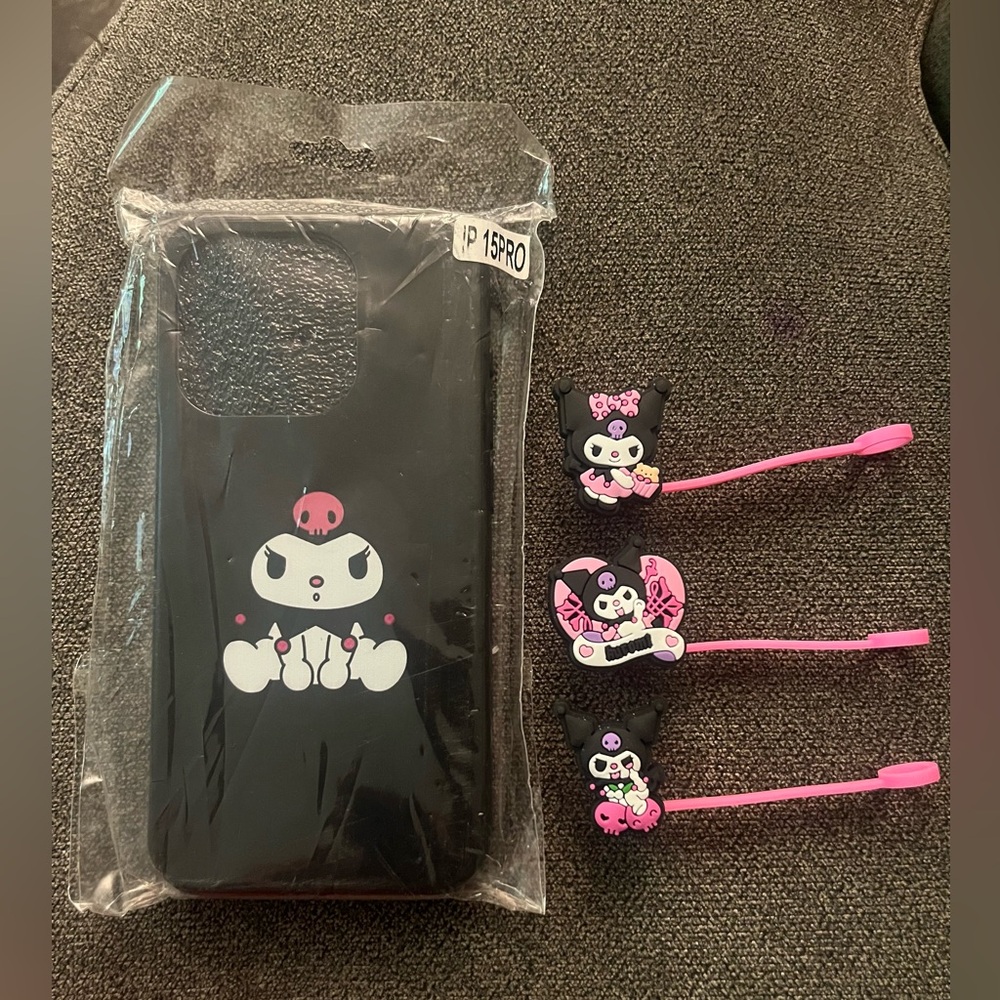 Sold* on the bay* New! Kuromi iPhone 15Pro Phone Case and 3 Straw Closures Bund - Picture 1 of 1